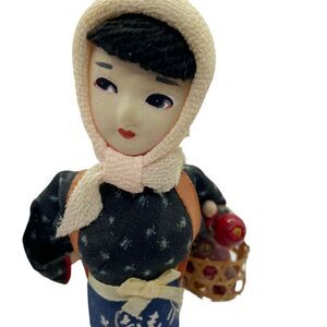 Japanese Peasant Decorative Figurine Vintage Little Woman Market Basket 8"X2"